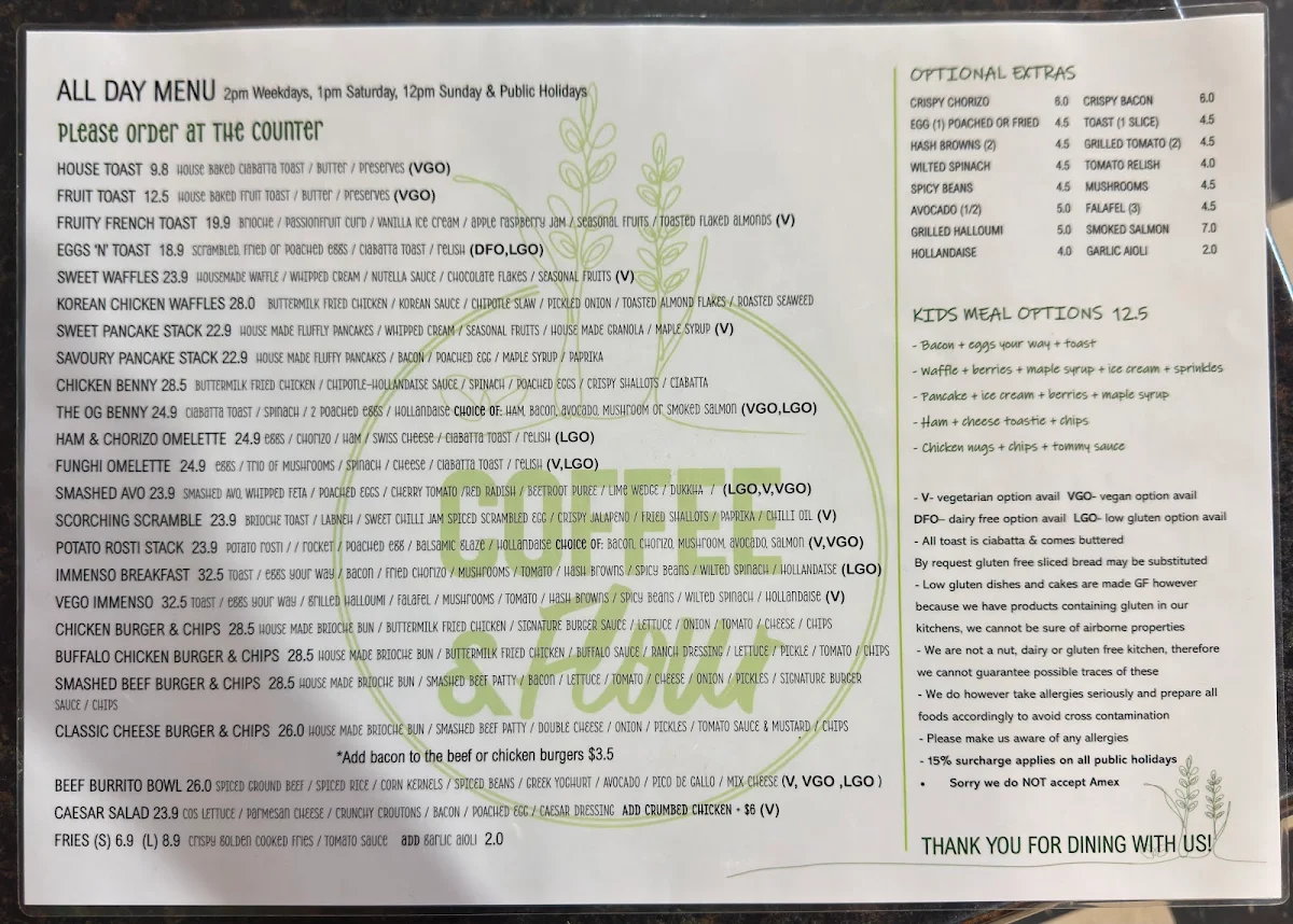 Menu, Coffee & Flour Cafe
