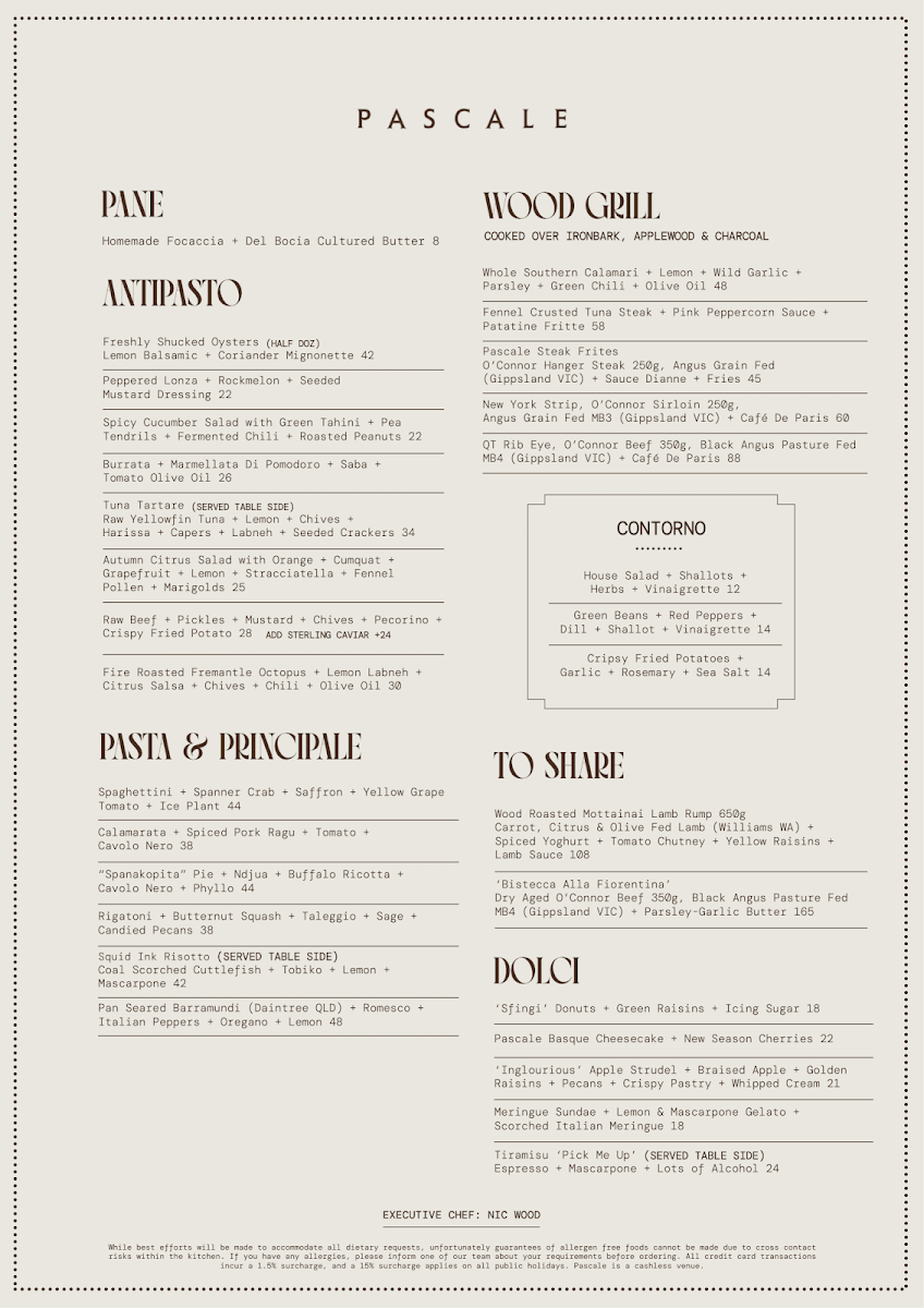 Menu, Pascale Bar & Grill