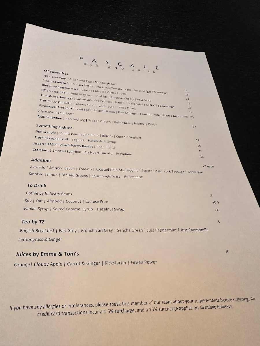 Menu, Pascale Bar & Grill
