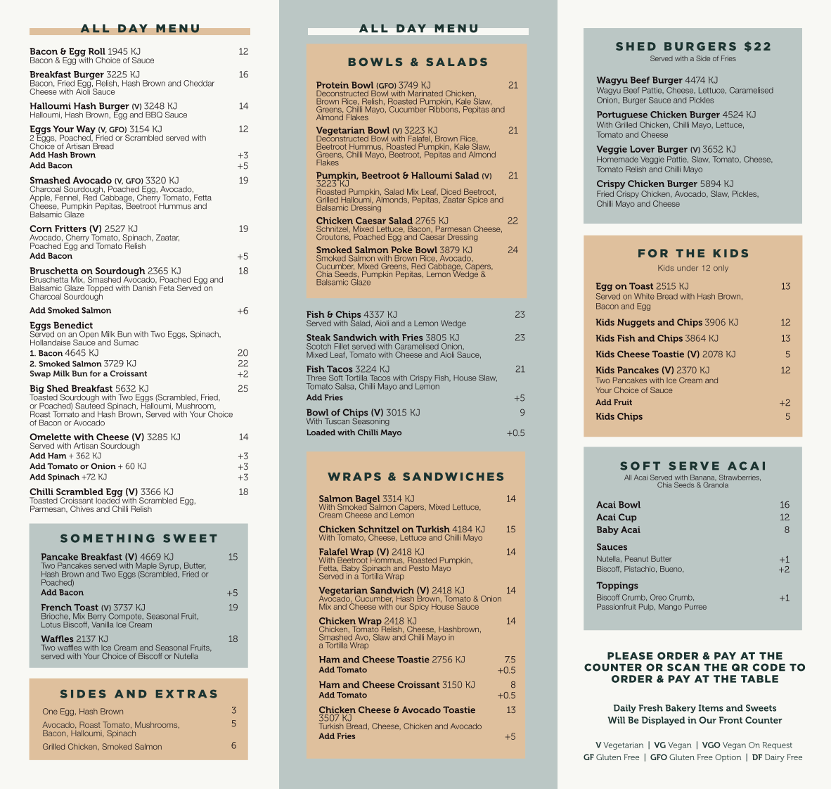 Menu, The Shed Cafe - Schofields
