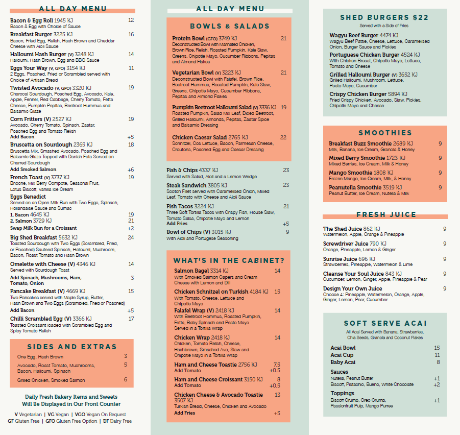 Menu, The Shed Cafe - Schofields