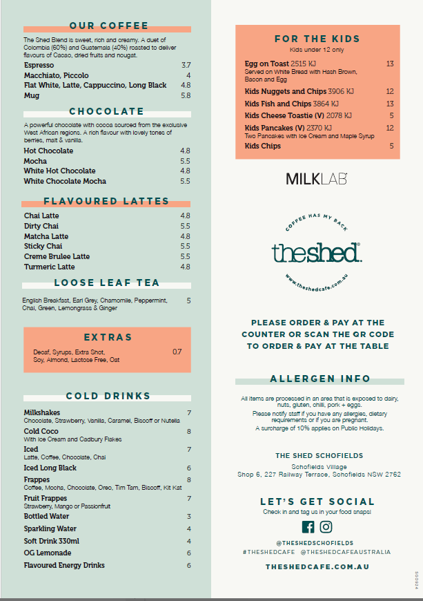 Menu, The Shed Cafe - Schofields