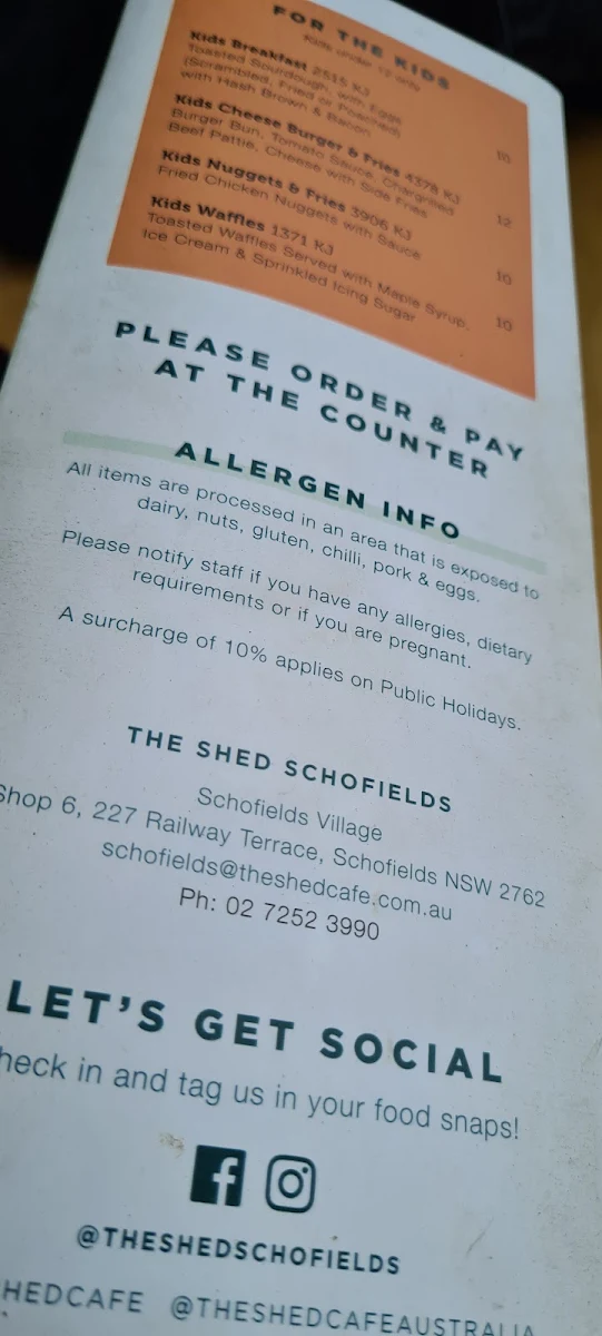 Menu, The Shed Cafe - Schofields