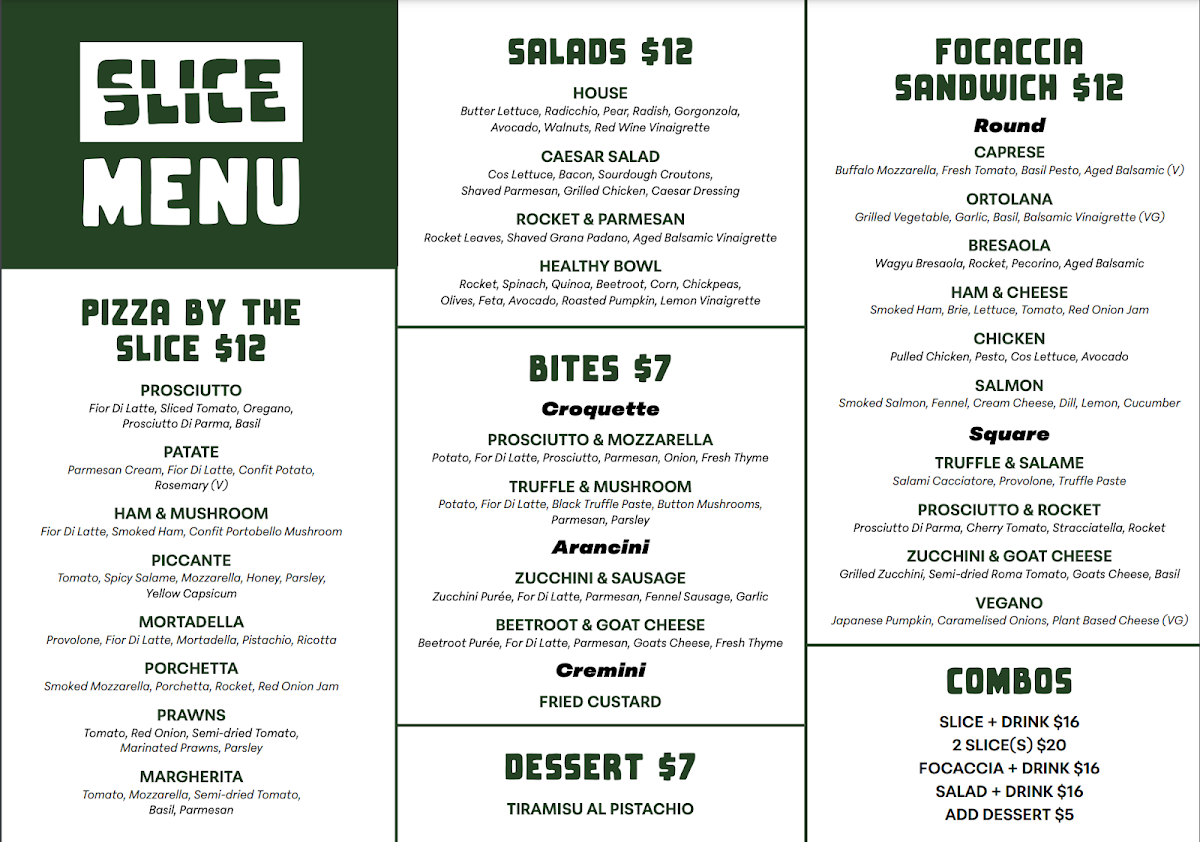Menu, SLICE Pizza