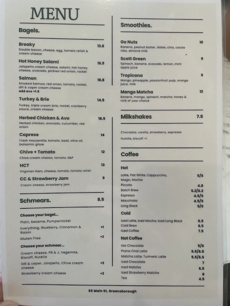 Menu, Prelude Coffee & Bagels