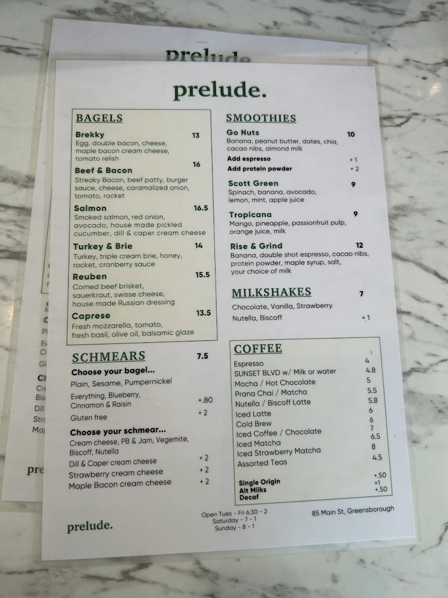 Menu, Prelude Coffee & Bagels