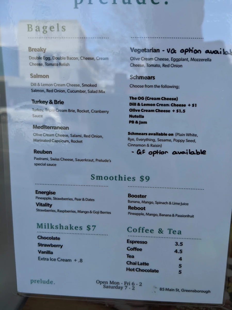Menu, Prelude Coffee & Bagels
