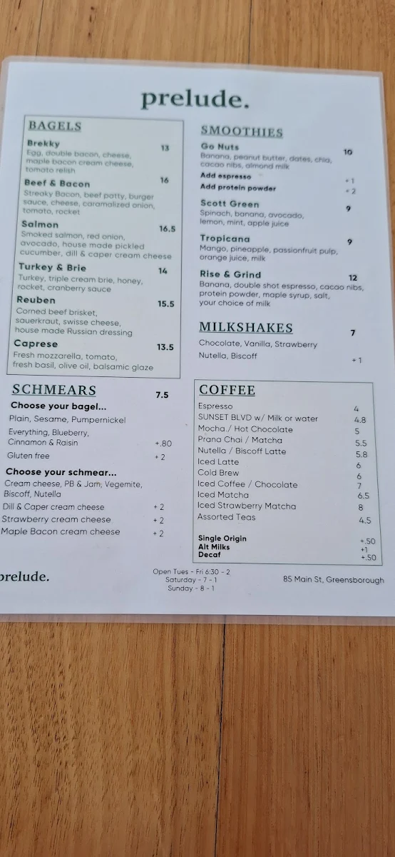 Menu, Prelude Coffee & Bagels