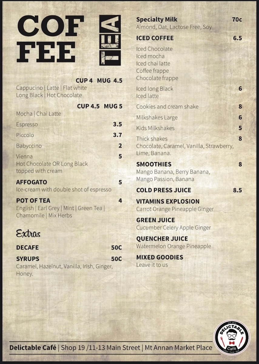 Menu, Delictable Cafe
