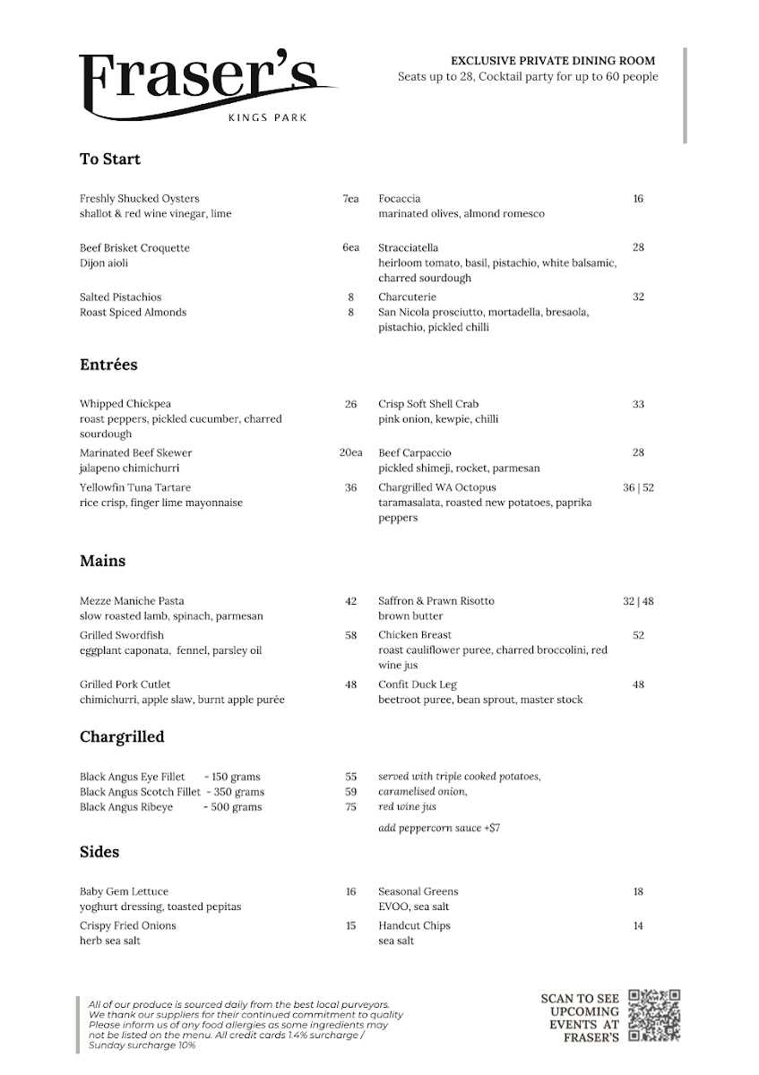 Menu, Fraser's Restaurant