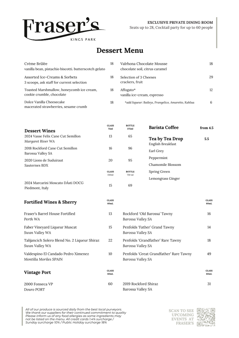 Menu, Fraser's Restaurant