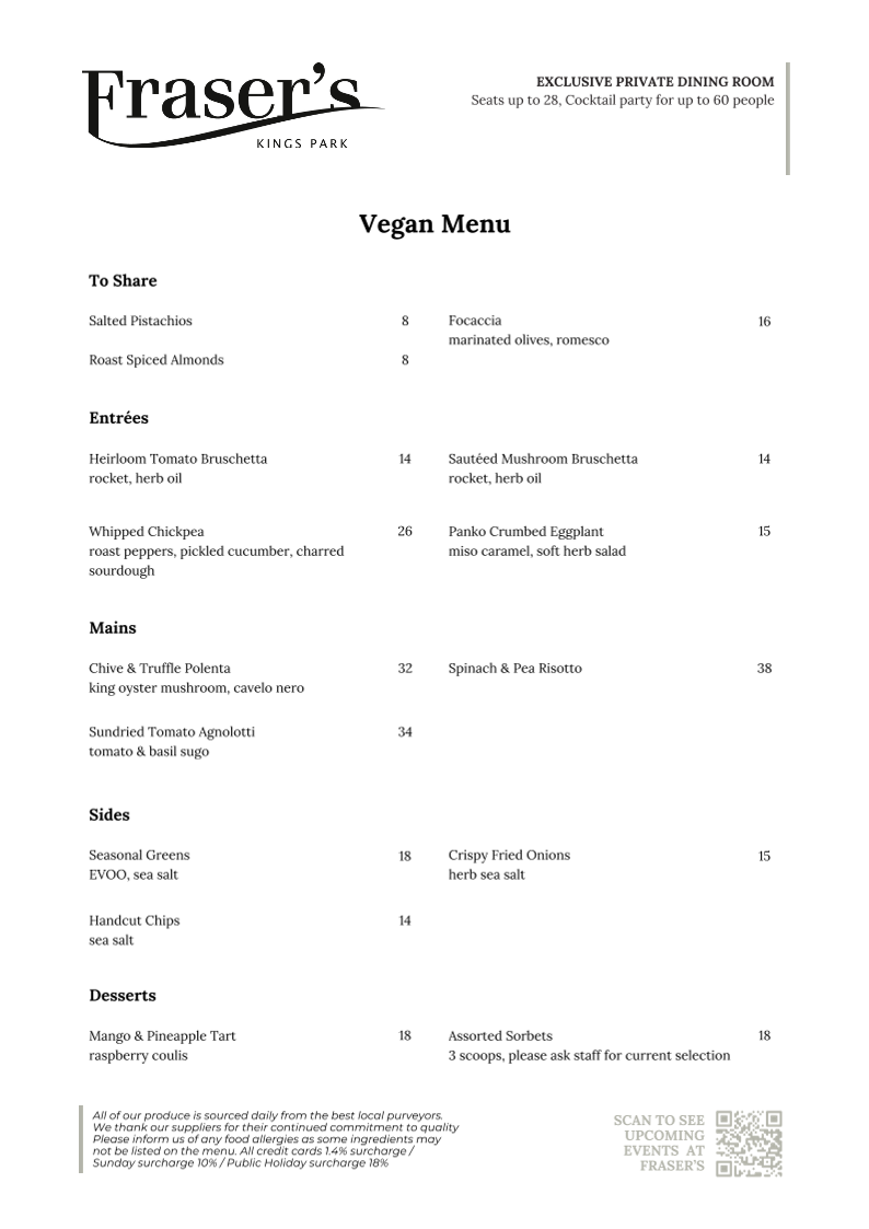 Menu, Fraser's Restaurant