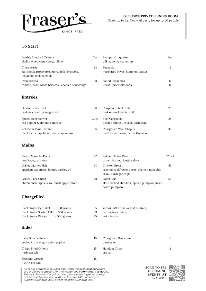 Menu, Fraser's Restaurant