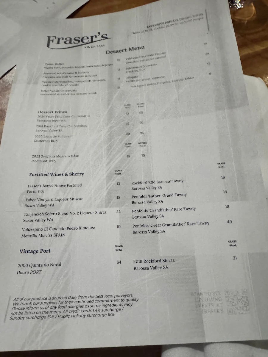 Menu, Fraser's Restaurant