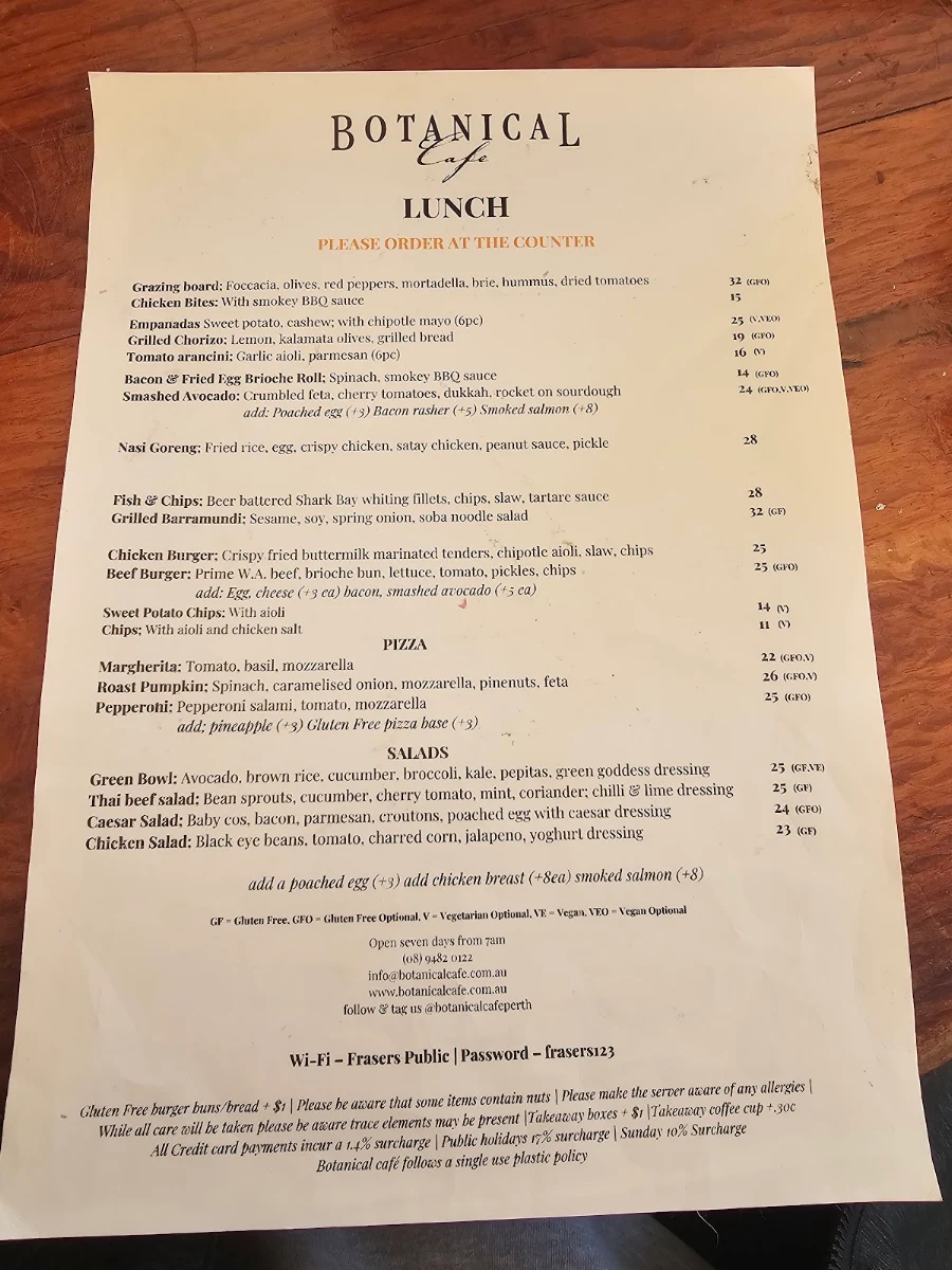 Menu, Fraser's Restaurant