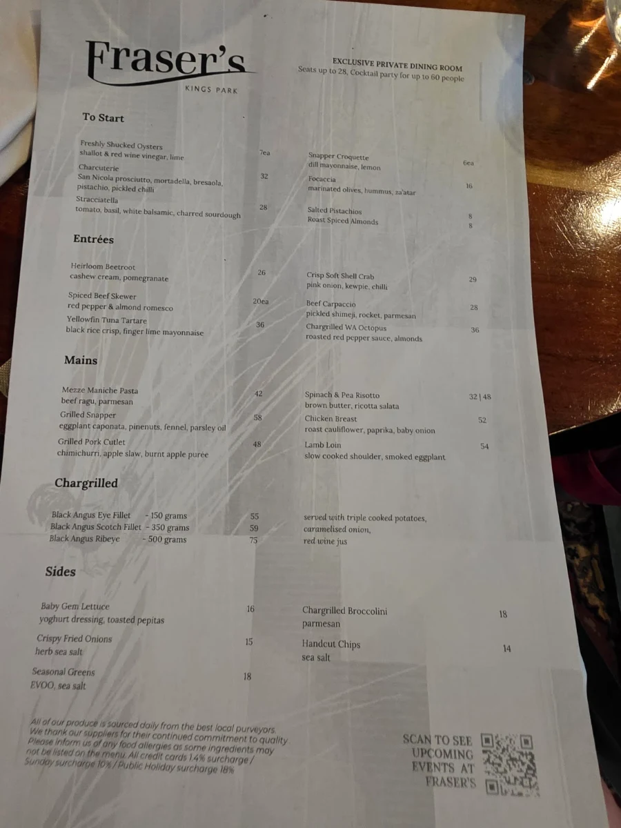Menu, Fraser's Restaurant