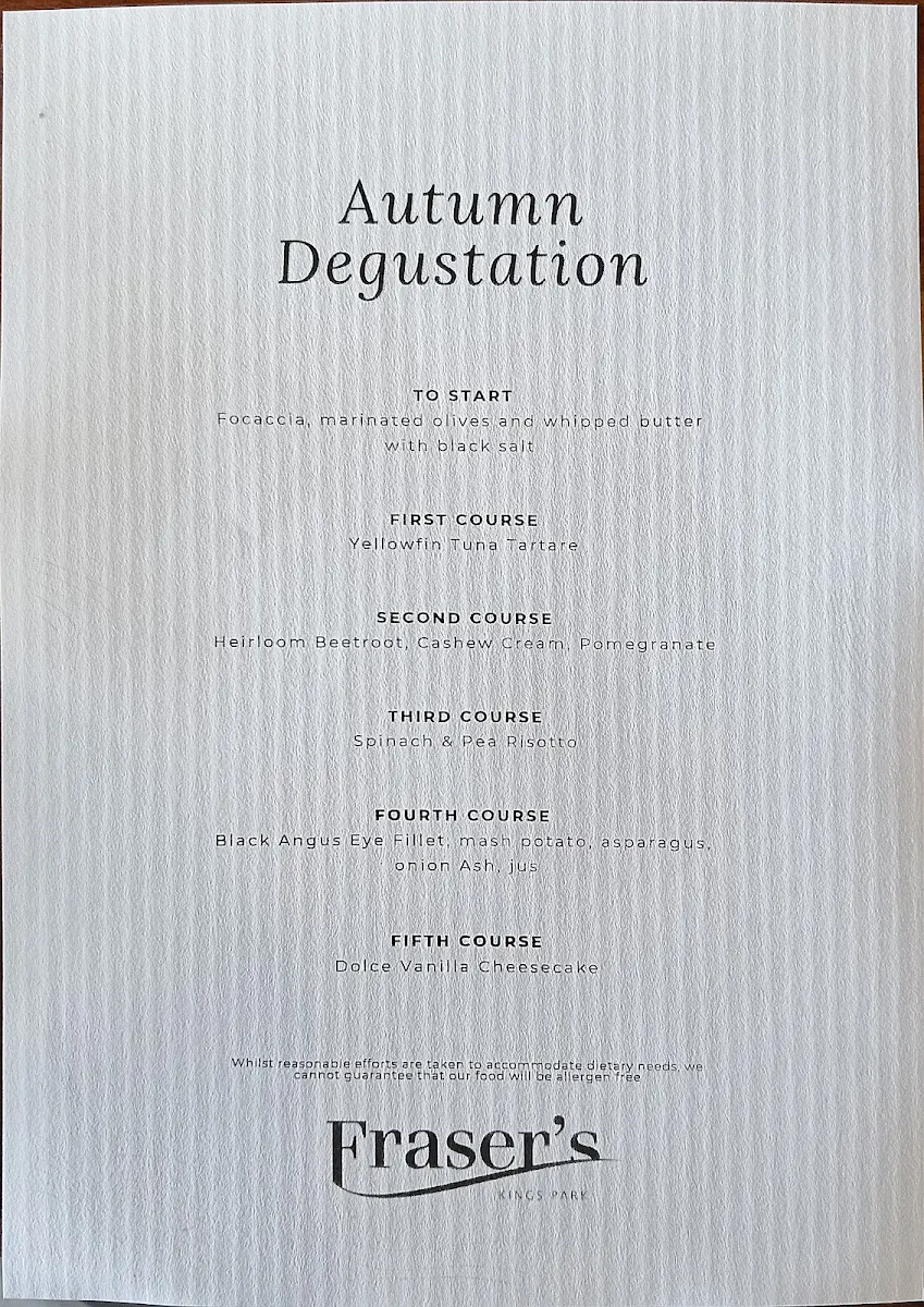 Menu, Fraser's Restaurant