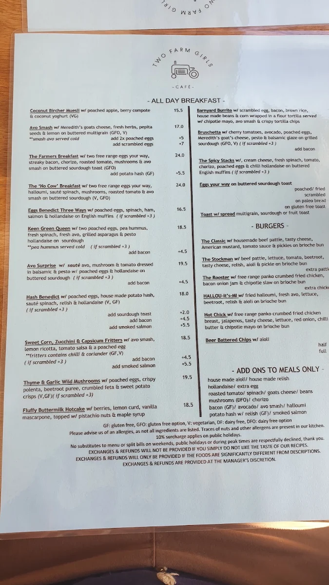 Menu, Two Farm Girls