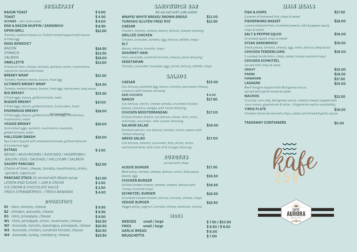 Menu, Kafe 258
