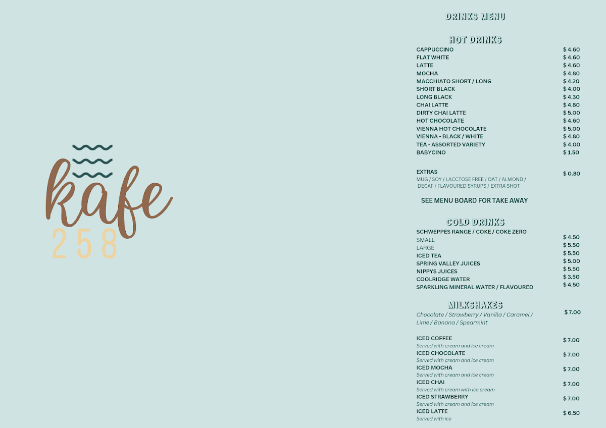 Menu, Kafe 258