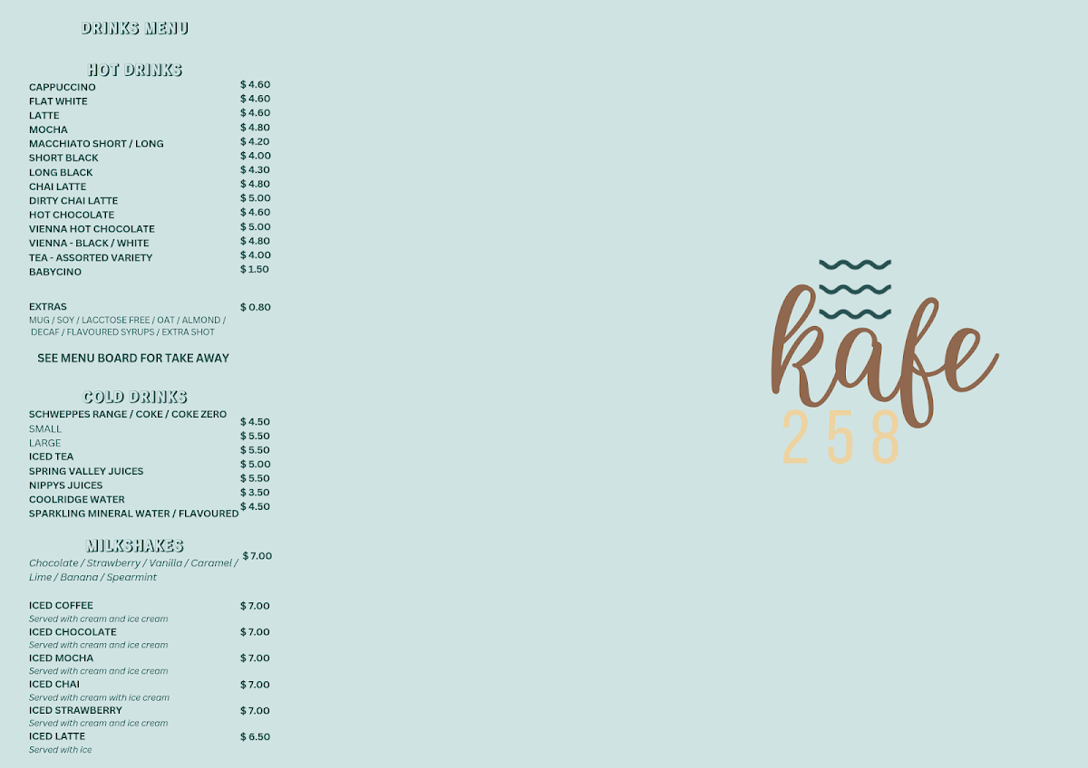 Menu, Kafe 258