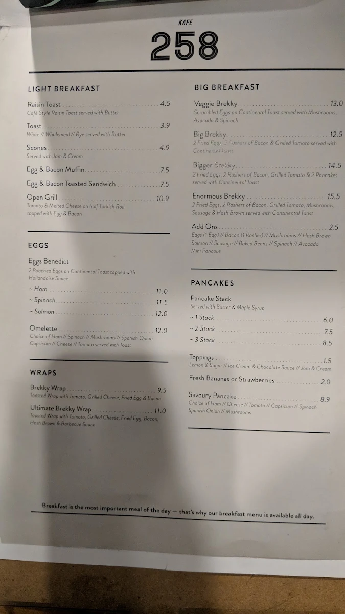 Menu, Kafe 258