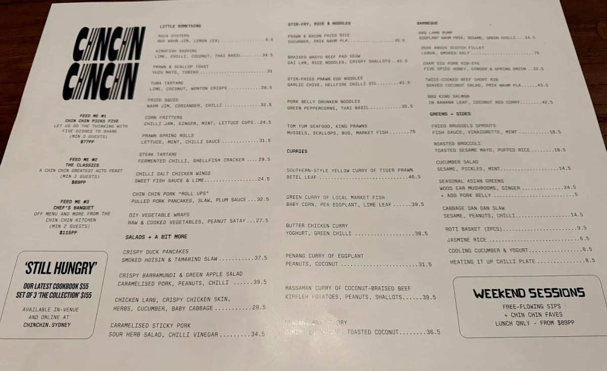Menu, Chin Chin