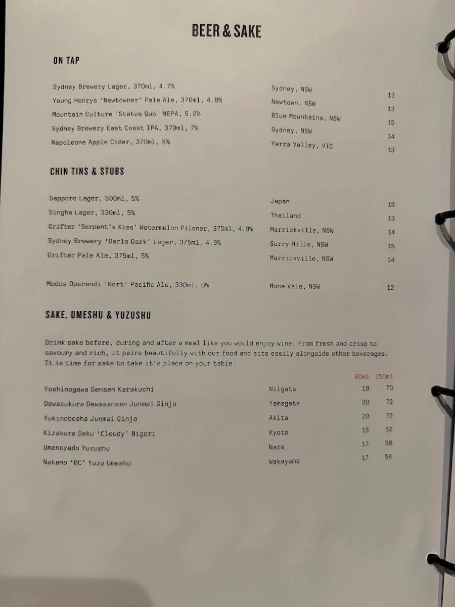 Menu, Chin Chin