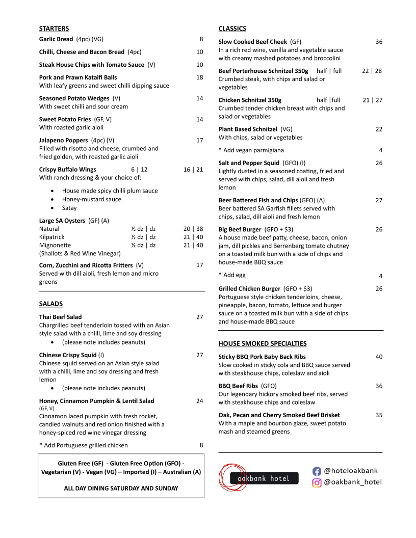 Menu, Oakbank Hotel