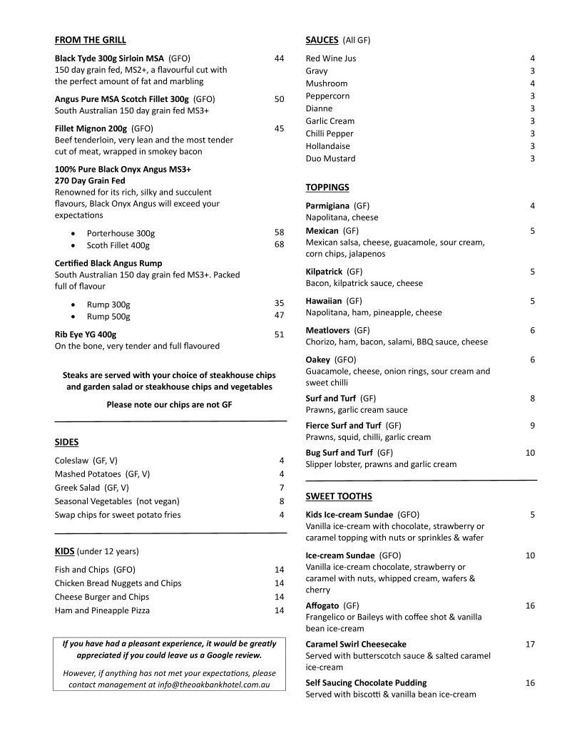Menu, Oakbank Hotel