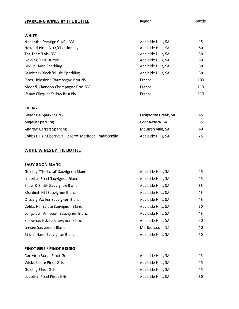 Menu, Oakbank Hotel