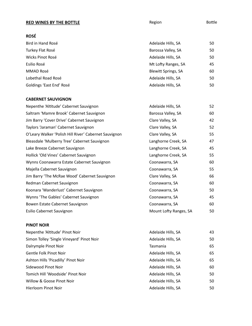 Menu, Oakbank Hotel