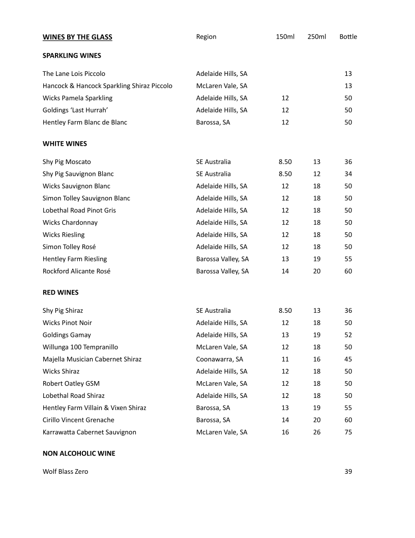 Menu, Oakbank Hotel