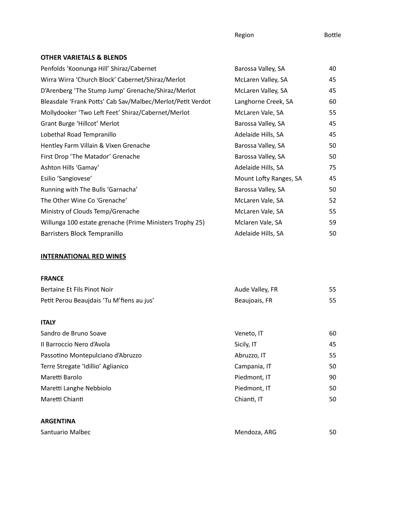 Menu, Oakbank Hotel