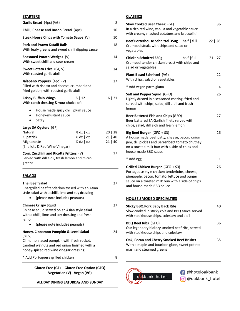 Menu, Oakbank Hotel