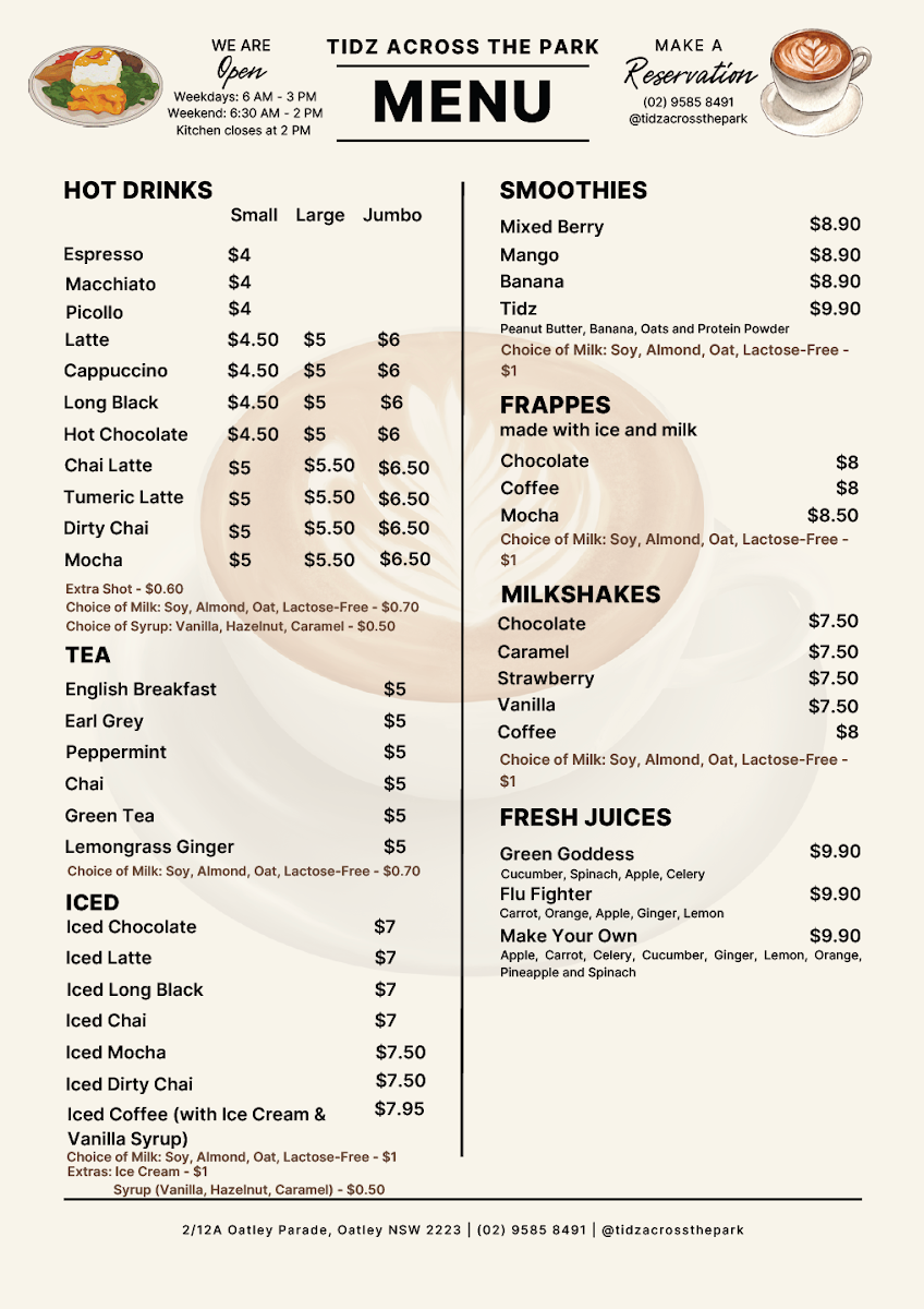 Menu, Tidz Across The Park