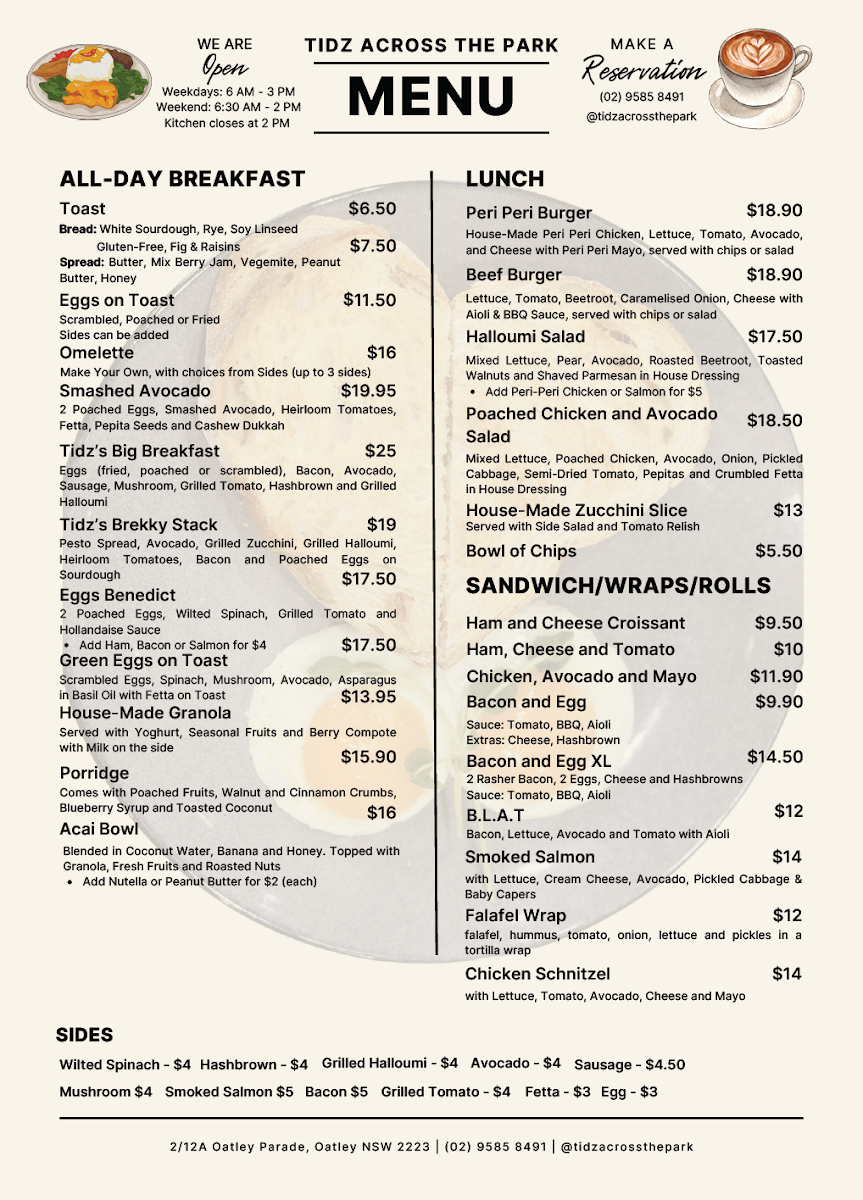 Menu, Tidz Across The Park