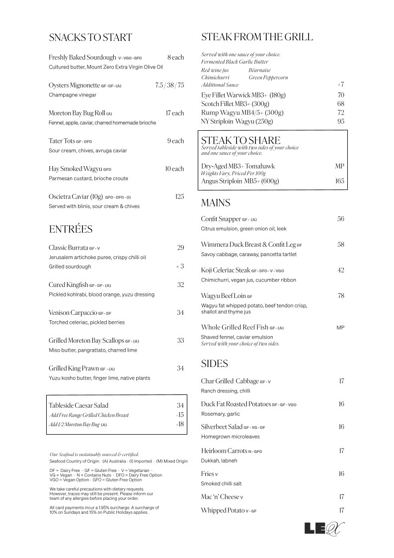 Menu, The Lex