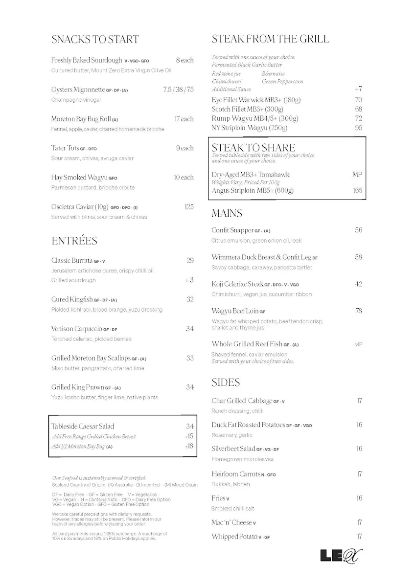Menu, The Lex
