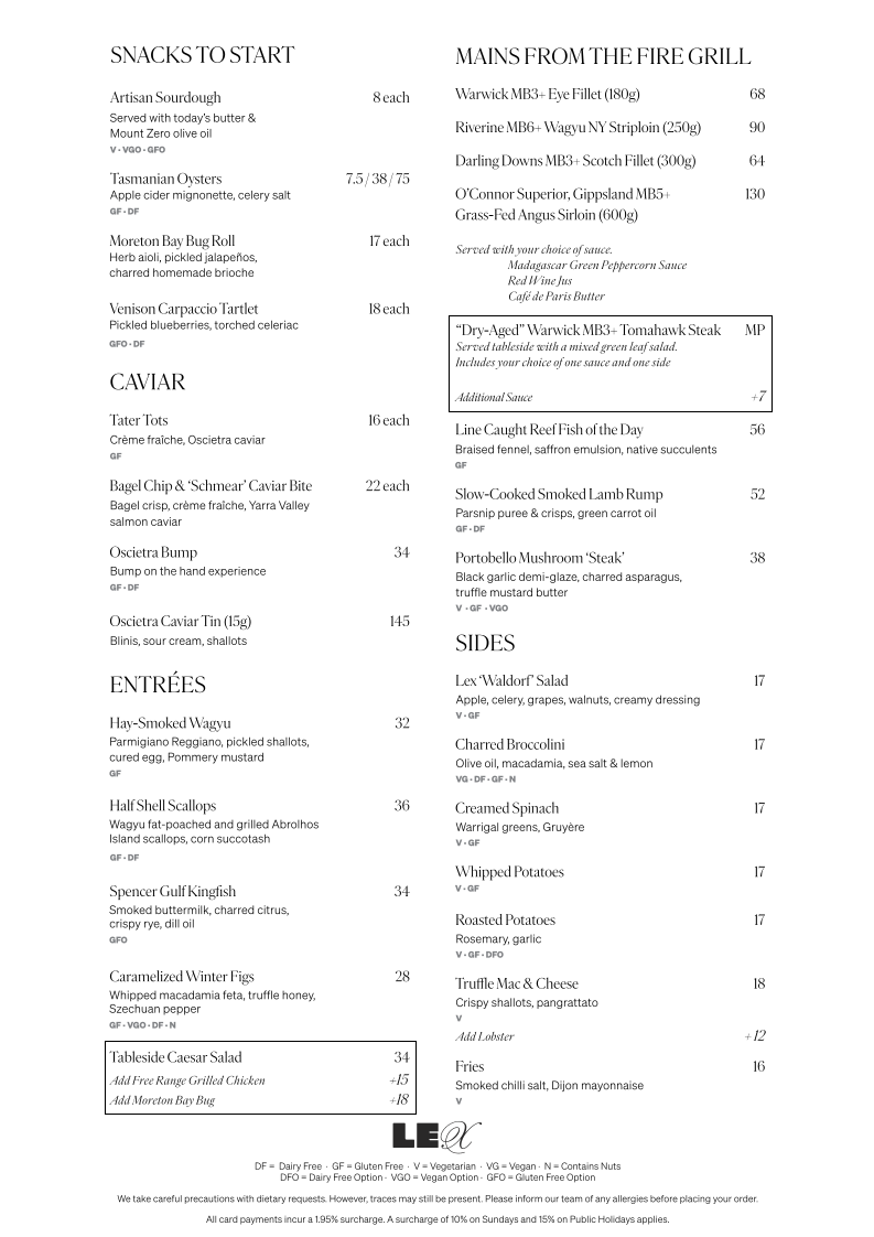 Menu, The Lex
