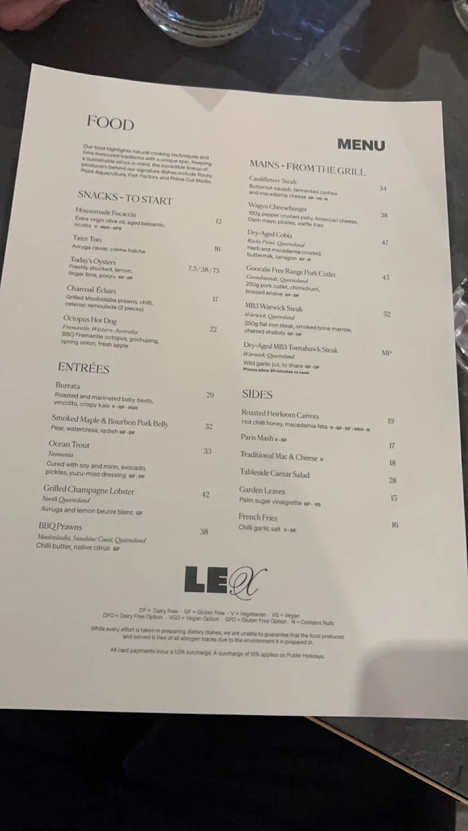 Menu, The Lex