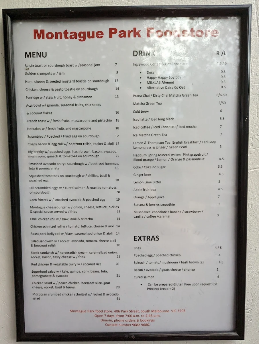 Menu, Montague Park Food Store