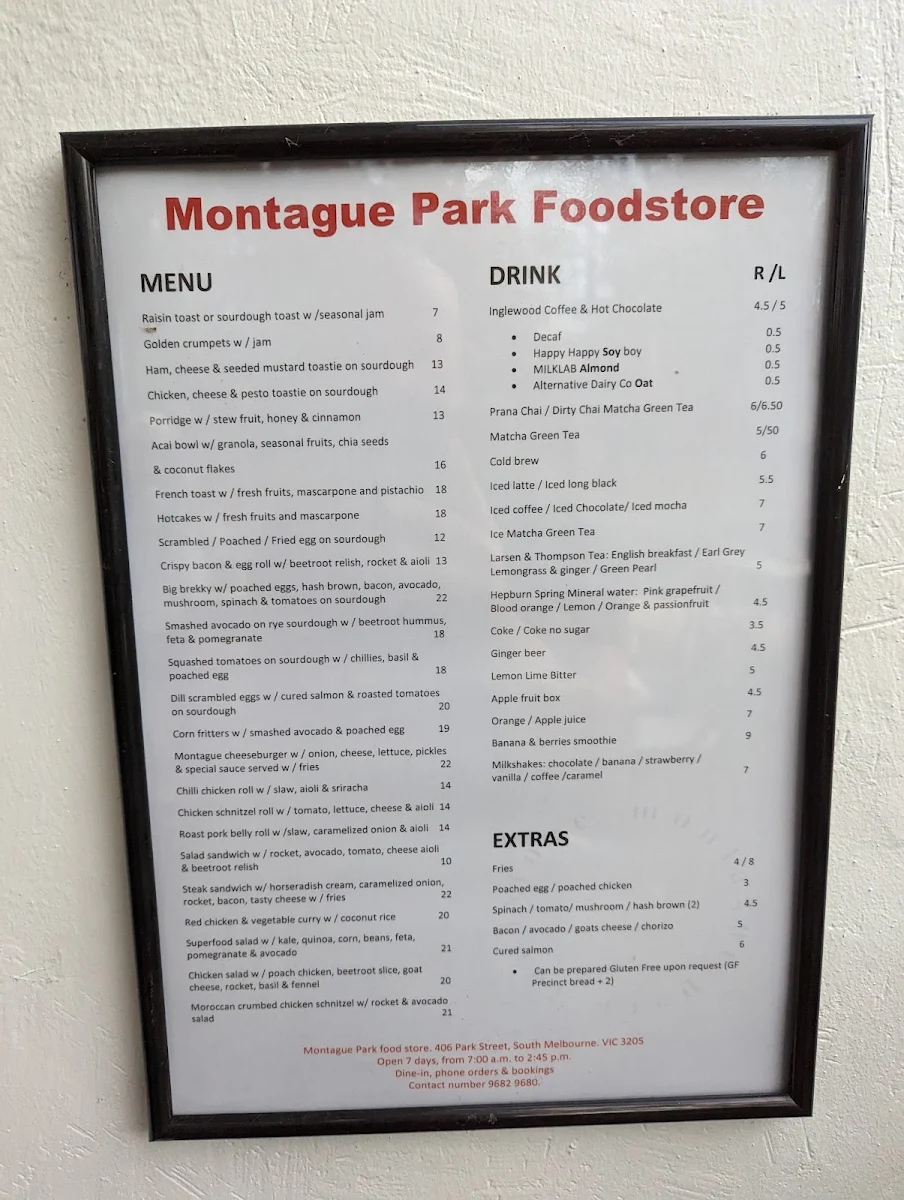 Menu, Montague Park Food Store