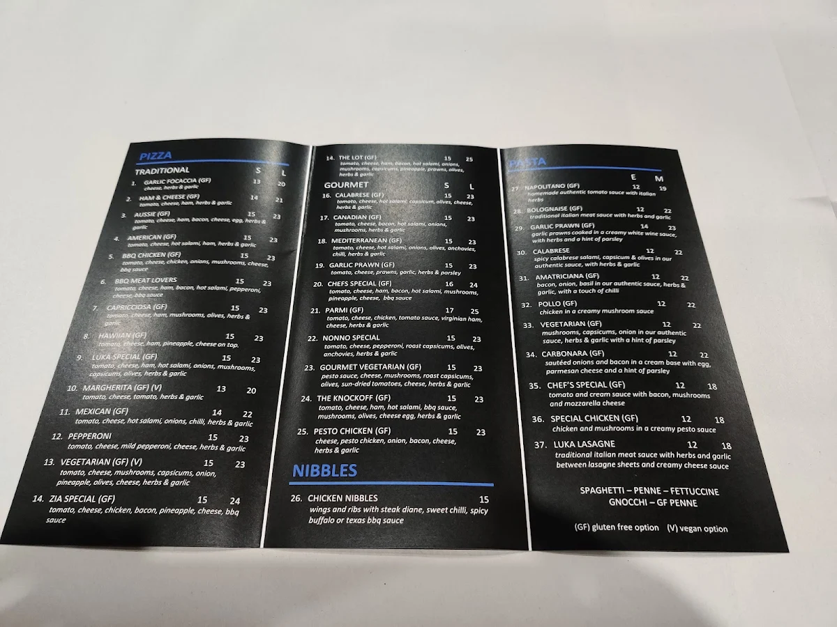 Menu, Luka Pizza Bar