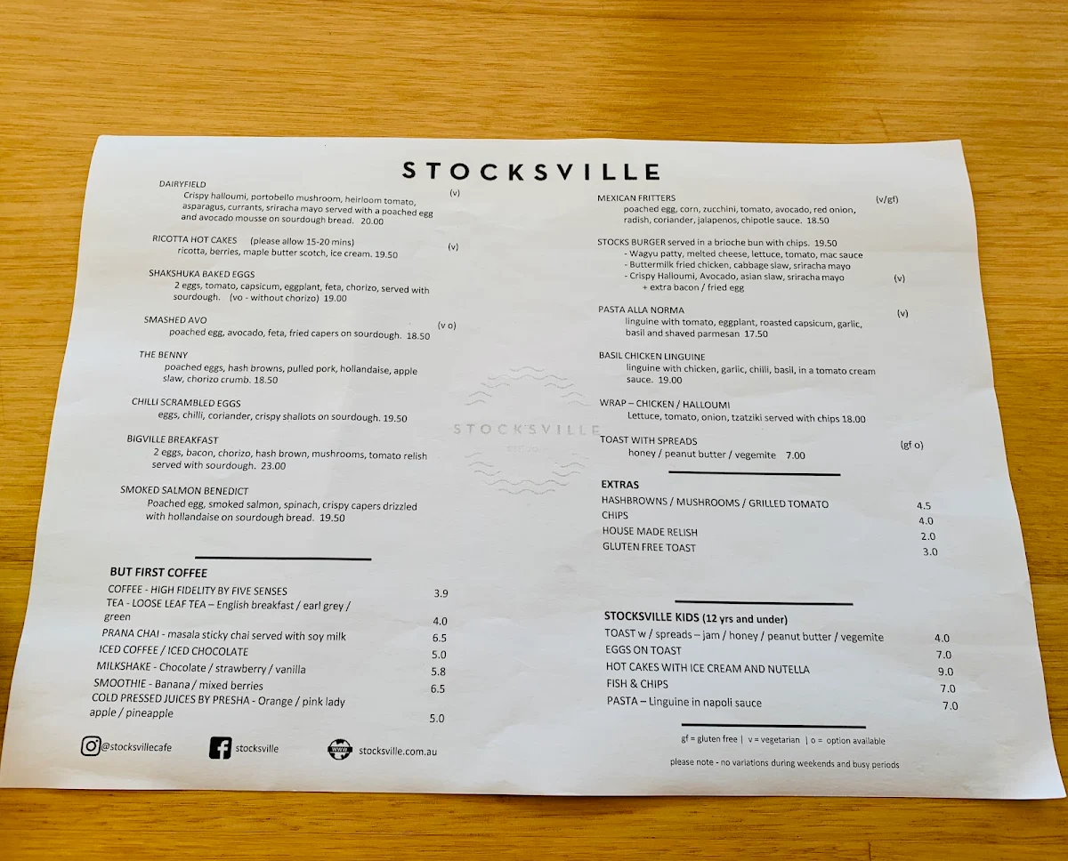 Menu, Stocksville