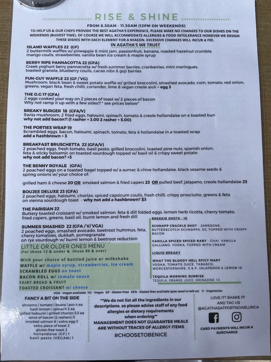 Menu, Agatha's