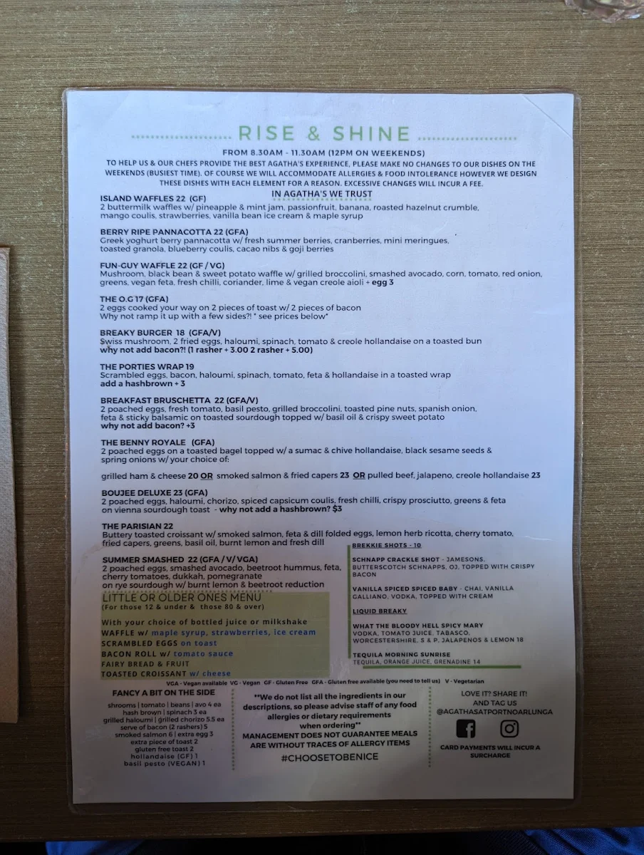 Menu, Agatha's