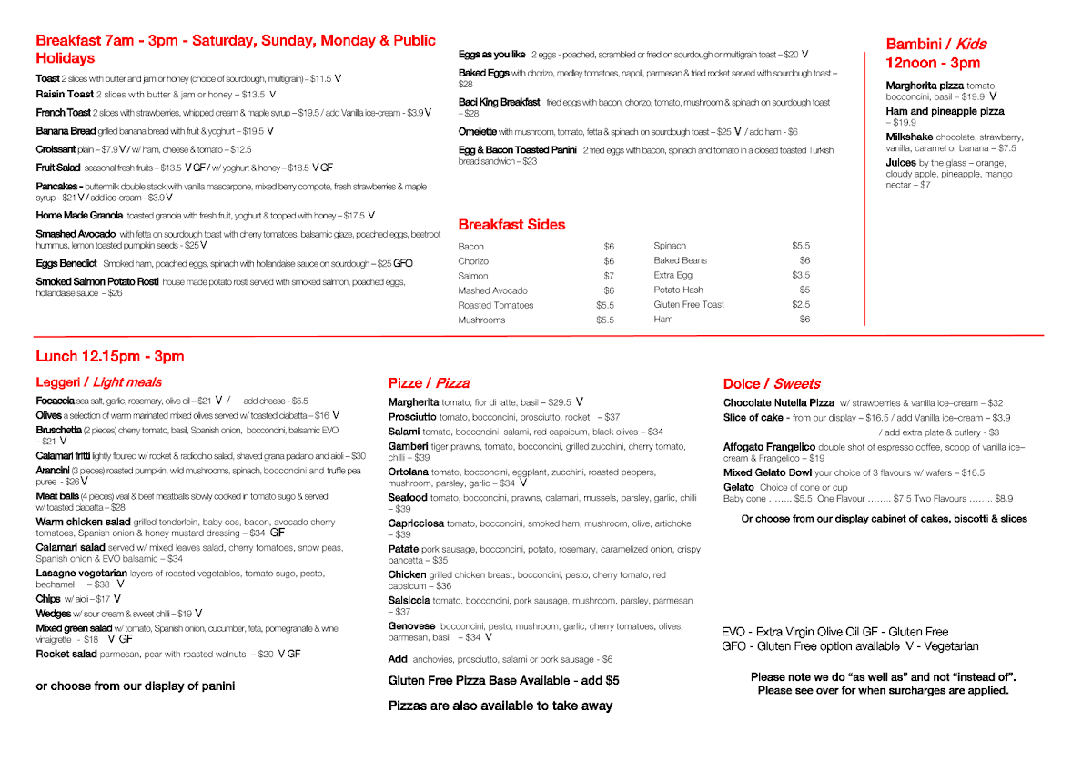 Menu, Baci