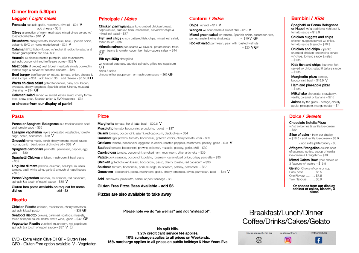 Menu, Baci