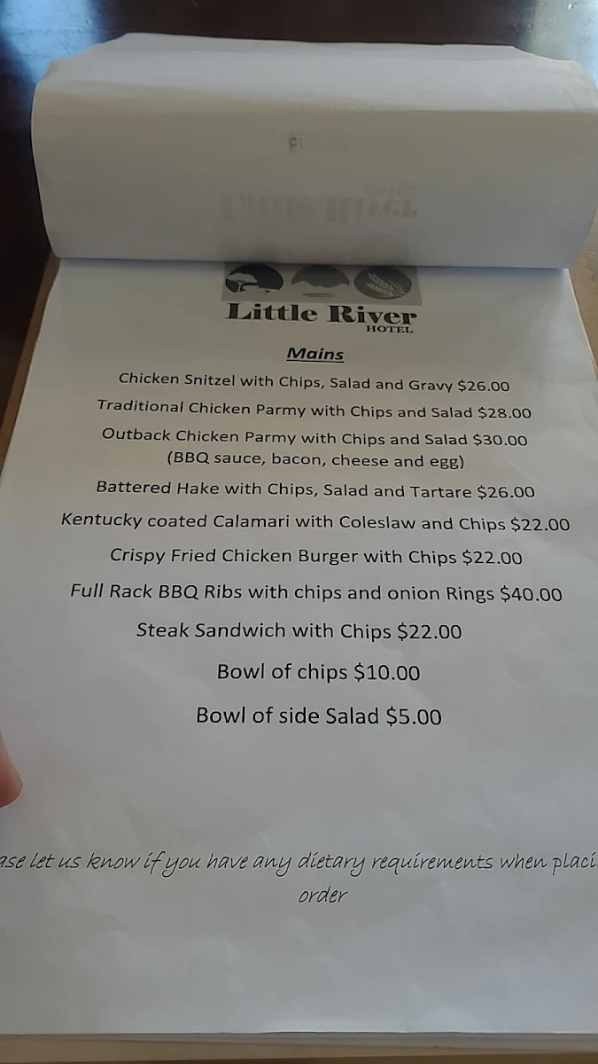 Menu, Little River Hotel Motel